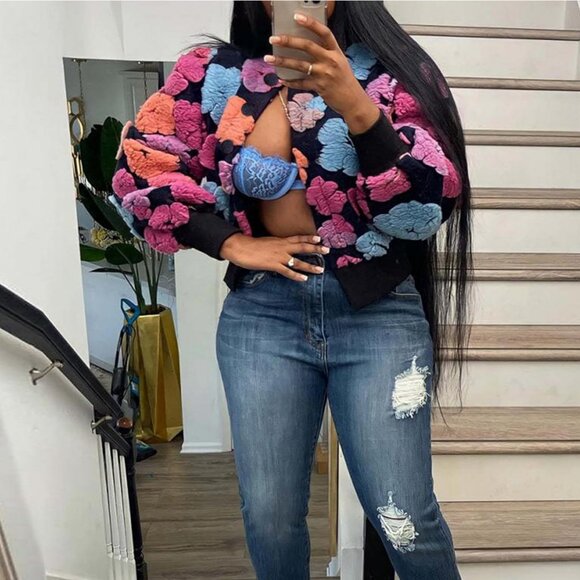 Women's Rose Opcakm Cropped Floral Shacket Sleeve Bomber Style Outerwear Jacket - Picture 4 of 7